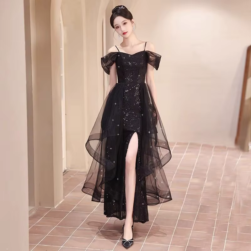 Robe de soirée noire à bretelles pour femmes, nouvelle robe polyvalente, élégante et Sexy, 2025
