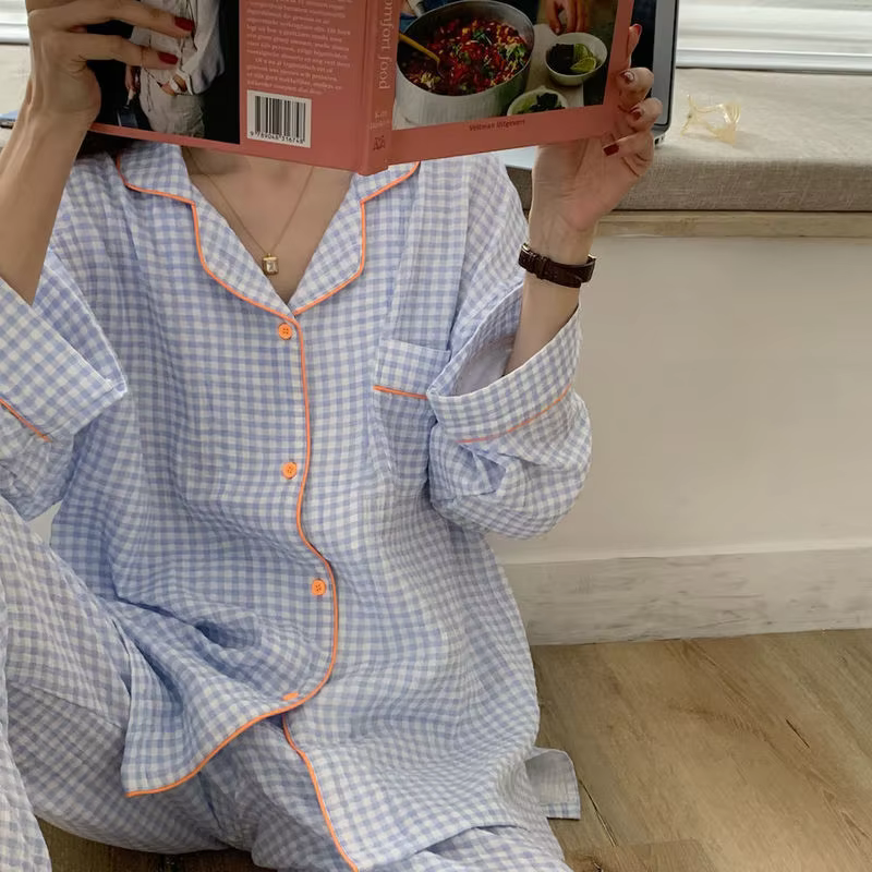 Pyjamas en coton pour femmes vêtements de nuit coréens femme 2 pièces ensemble Pijama Plaid vêtement