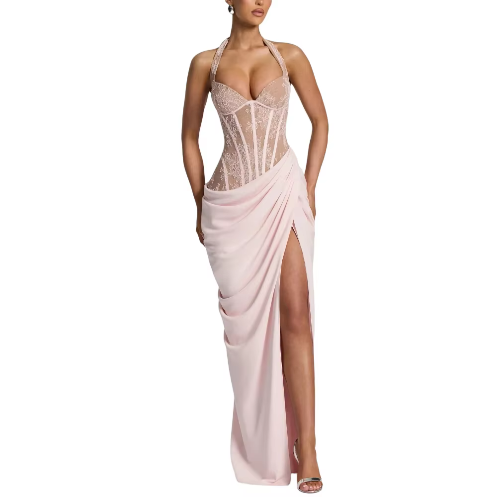 Robe longue élégante et tendance en dentelle, style corset, sexy, dos nu, drapée, avec fente haute,