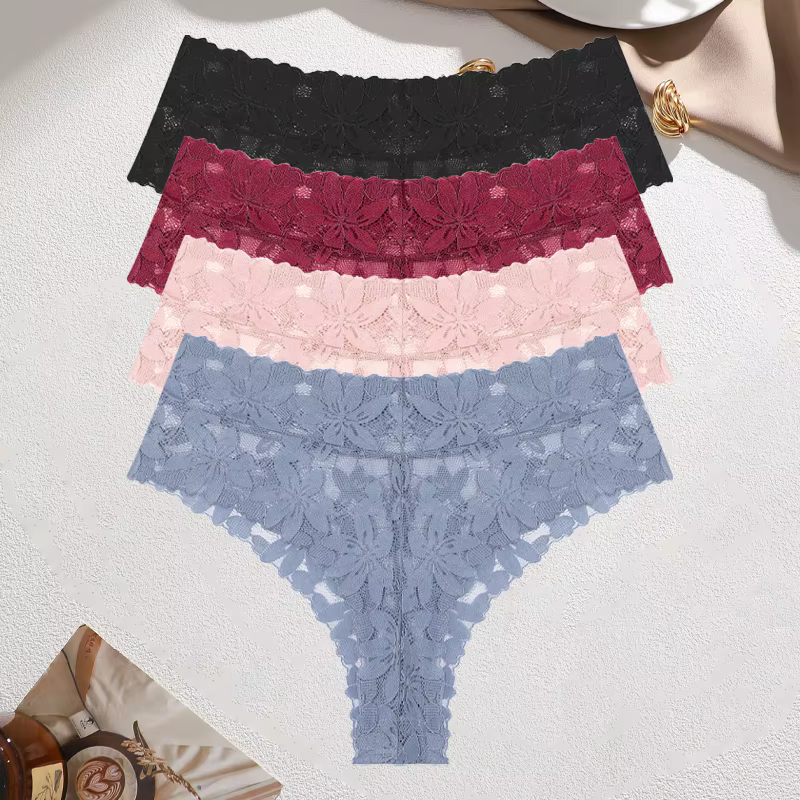 FINETOO Lot de 4 culottes sexy en dentelle florale pour femme, taille haute, ajourées, en tissu doux