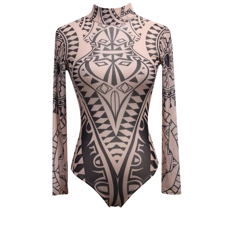 Combinaison moulante sexy à manches longues style bohème pour femme, haut court ethnique à bandage