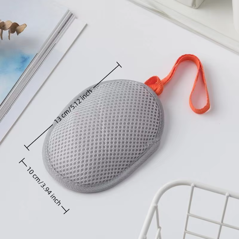 Sac à savon ovale double face en filet moussant avec cordon, éponge exfoliante pour le corps, pochet