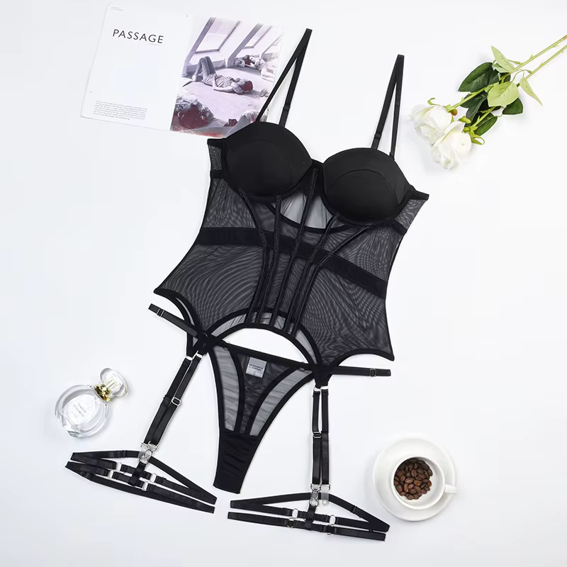 Lingerie Lxury marque body dos nu hauts pour femmes 3 pièces ensemble de Lingerie avec jarretière ro