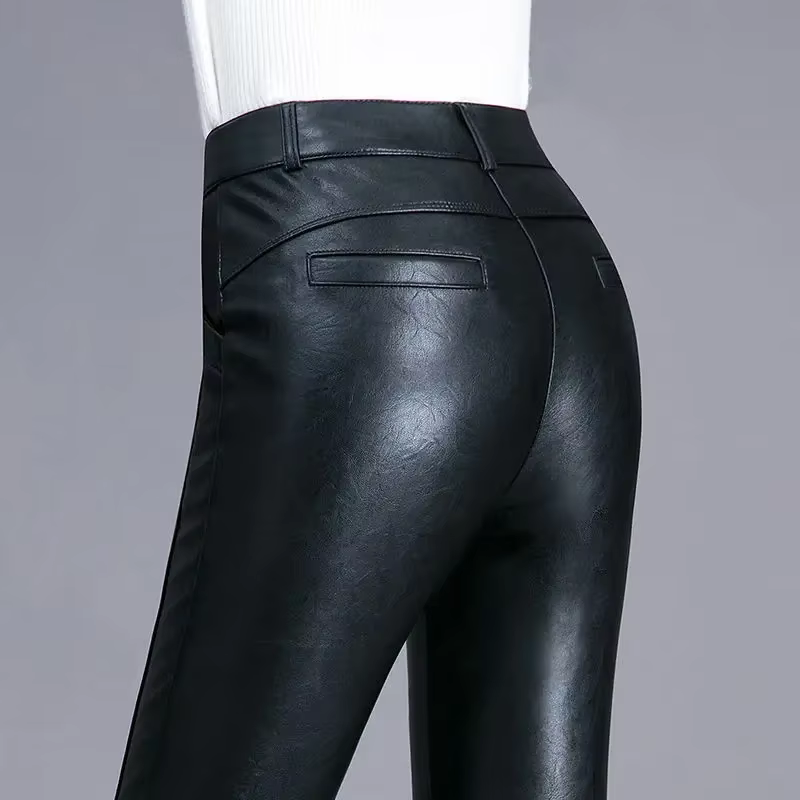 Femmes élastique taille haute véritable pantalon en cuir véritable femme mode sarouel dames poches M