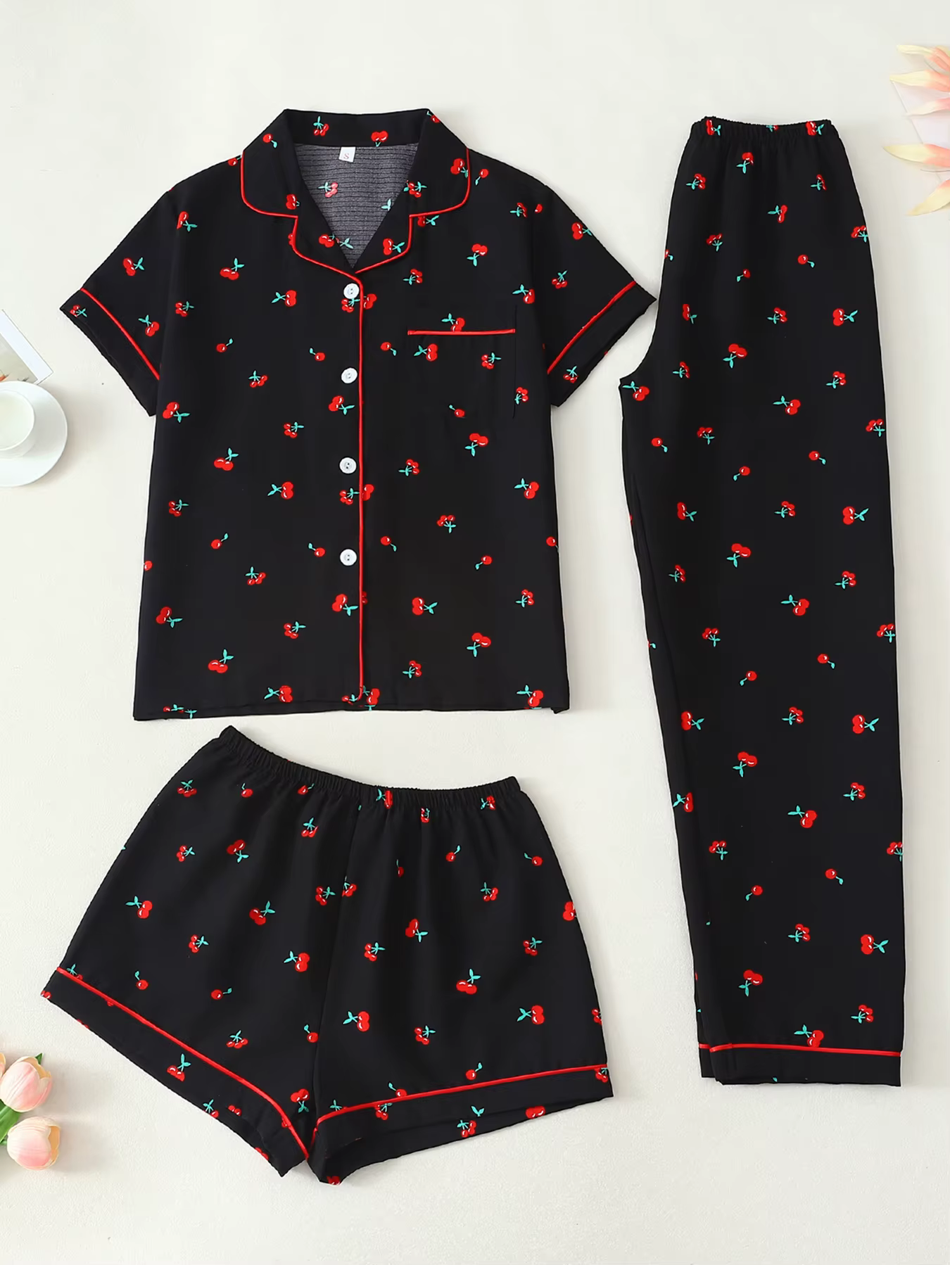 Pyjama femme, col tailleur, manches courtes, short et pantalon, ensemble 3 pièces, printemps été aut