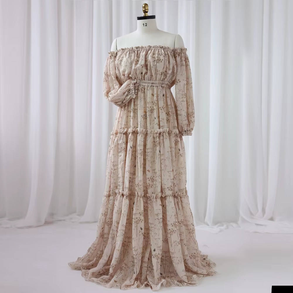 Robe de grossesse bohème pour séance Photo, en mousseline de soie imprimée, élégante, épaules dénudé
