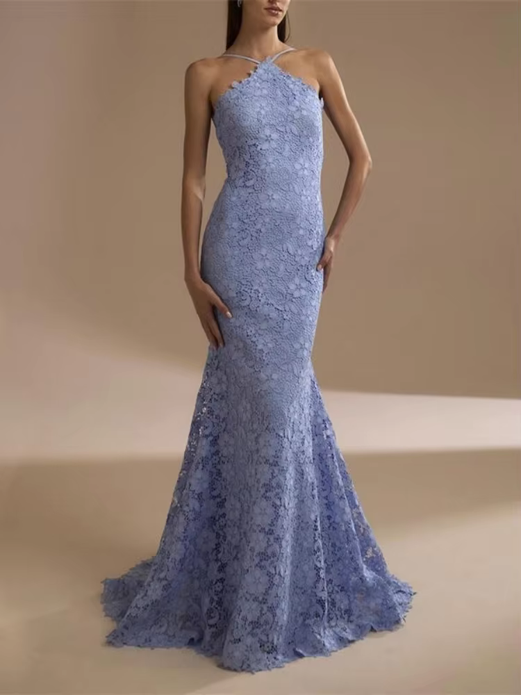 Robe Maxi moulante en dentelle pour femmes, col licou, charmante, sans manches, dos nu, Slim, robes