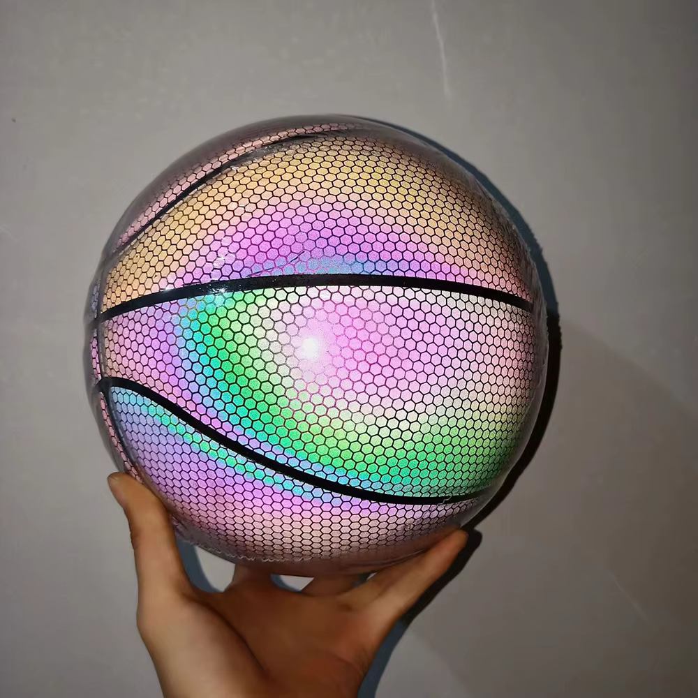 Ballon de basket-Ball lumineux holographique réfléchissant, Flash éclairé, PU, résistant à l'usure,