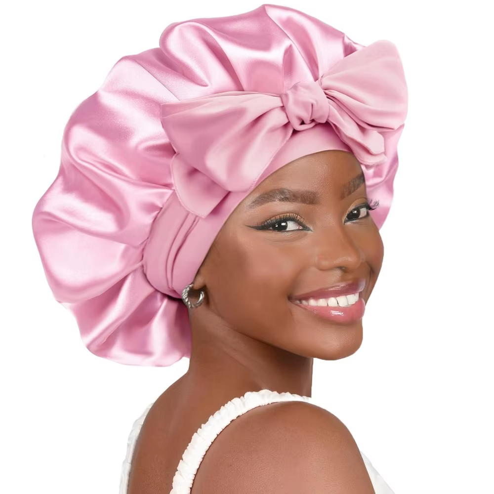 Bonnet de couchage en soie avec bandeau à nouer pour femmes, Bonnet en Satin Double couche doublé de