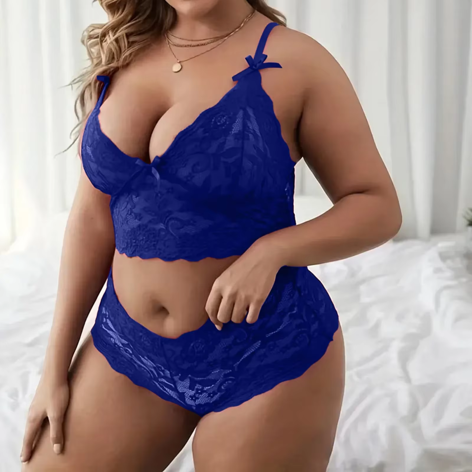 Ensemble de Lingerie Sexy grande taille pour femmes, Bralette à nœud papillon froncé, culotte taille