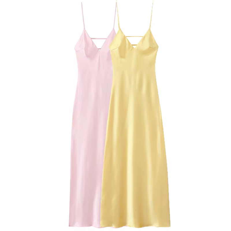 HXAO robes jaunes femmes Satin col en V robe mi-longue été dos nu sangle robes de soirée élégante ro