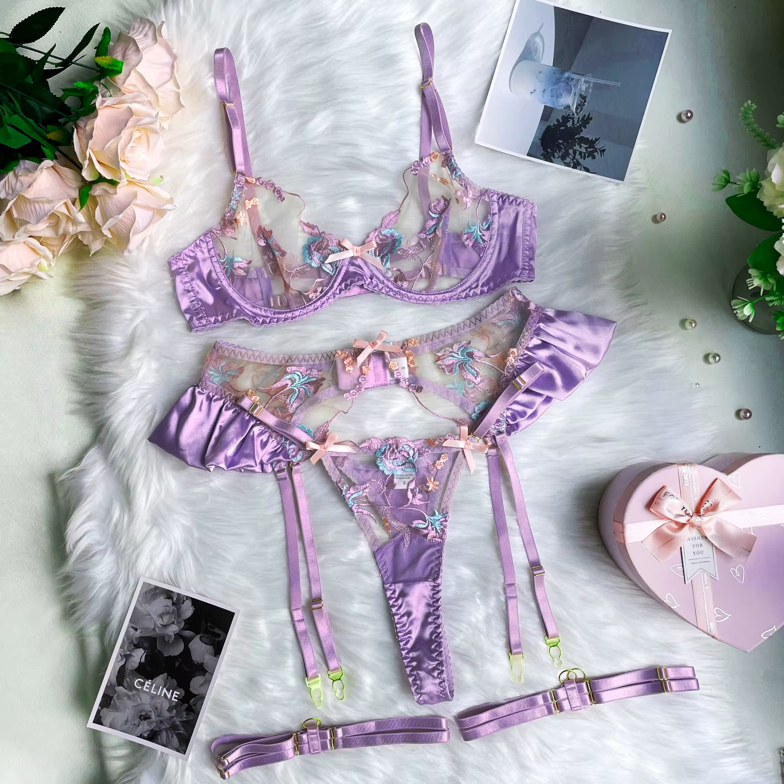 Ensemble intime Floral en dentelle transparente, Lingerie à volants, sous-vêtements fantaisie Sexy, 