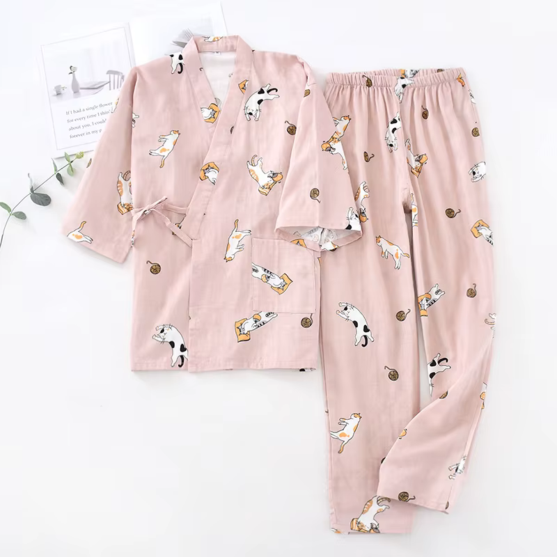 Pyjama Kimono pour femmes, vêtements d'intérieur imbibés, impression de chat, design de dessin animé