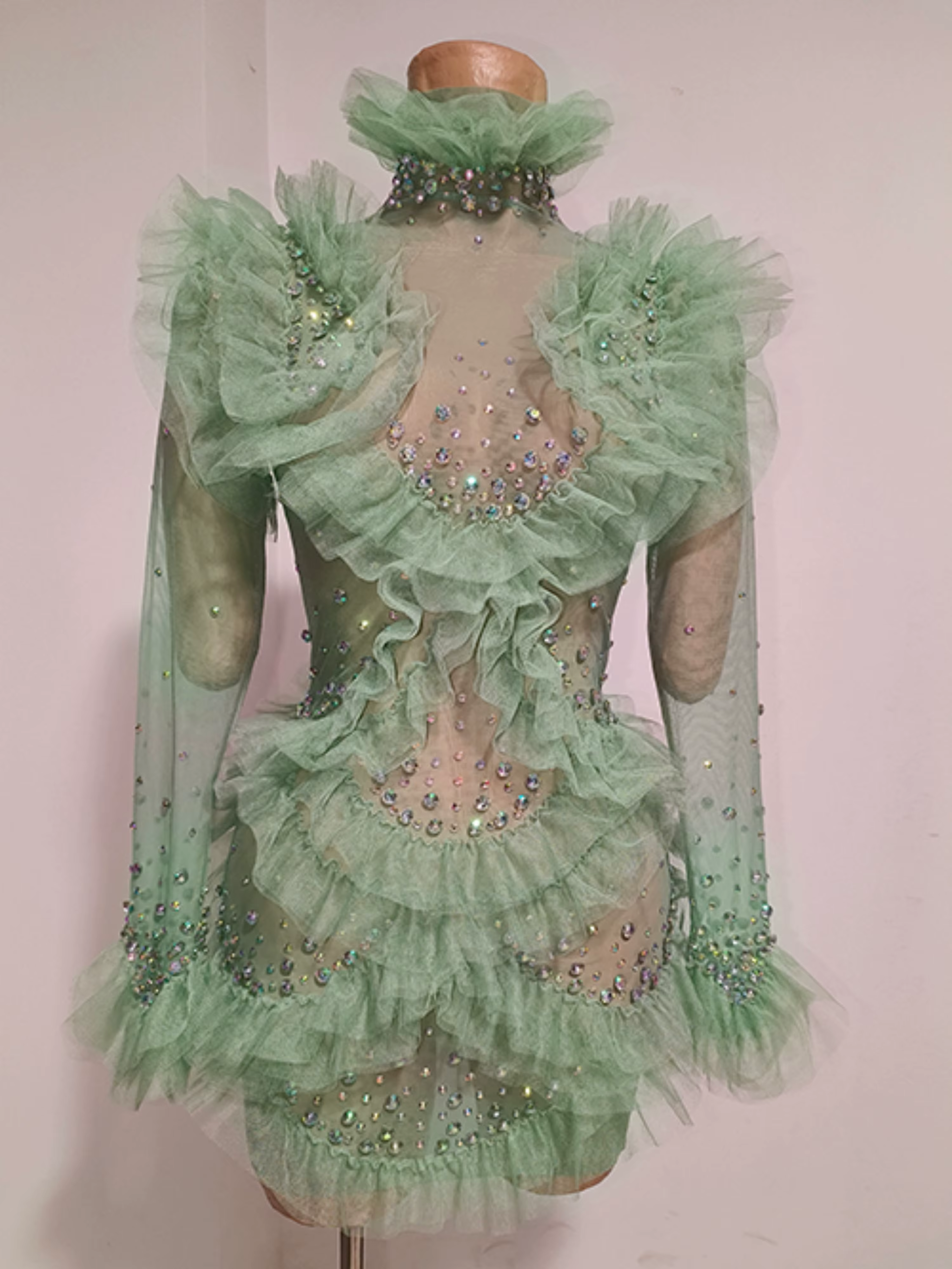 Robe mini sexy à paillettes et strass, à manches longues, en maille transparente, pour soirée, anniv