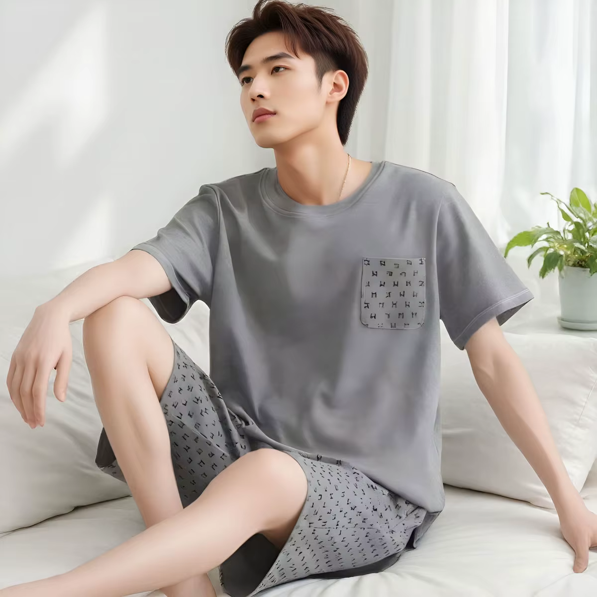 Ensemble de pyjama à manches courtes pour homme avec motif rayé de dessins animés - Vêtements de mai