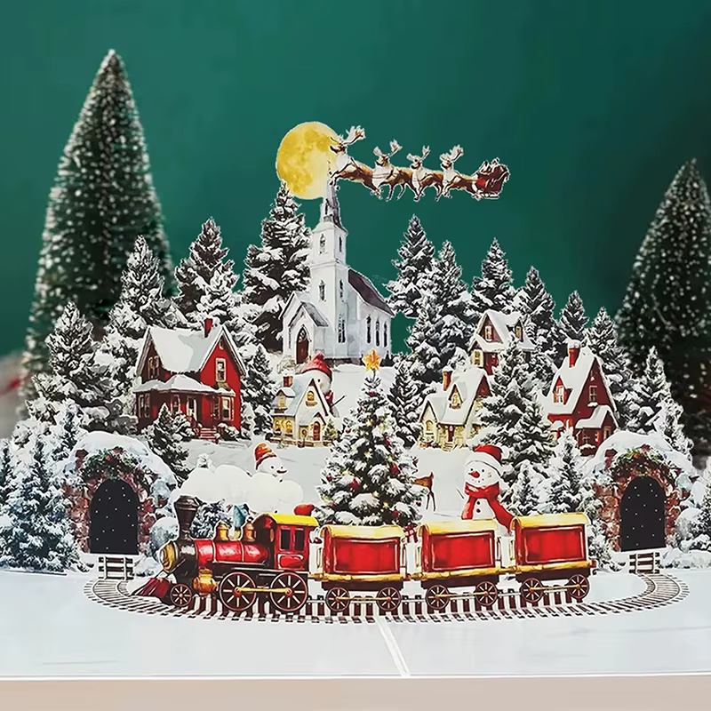 Carte de noël 3D, scène de nuit avant noël avec père noël, renne, Village enneigé et ciel clair de l