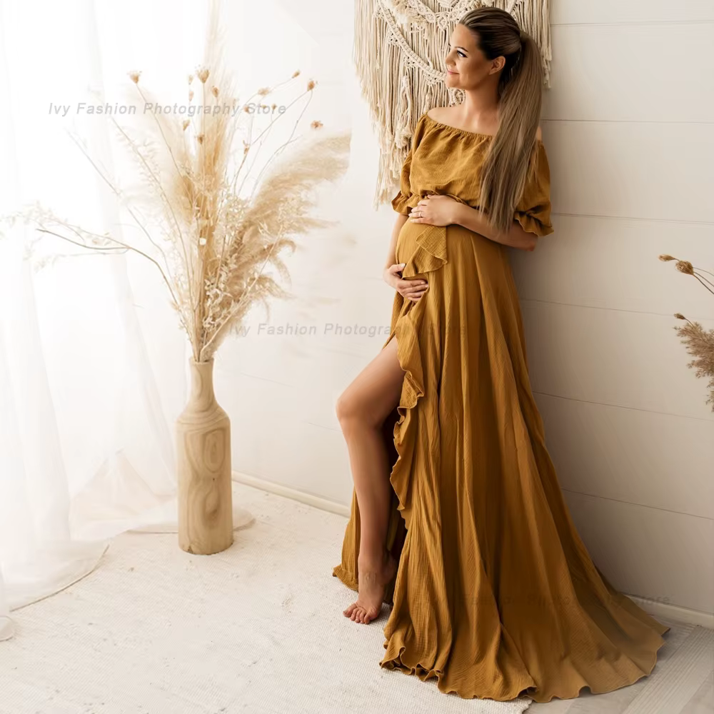 Robe de grossesse bohème fendue sur le côté, bord à volants, Vintage, confortable, en lin, Style Boh