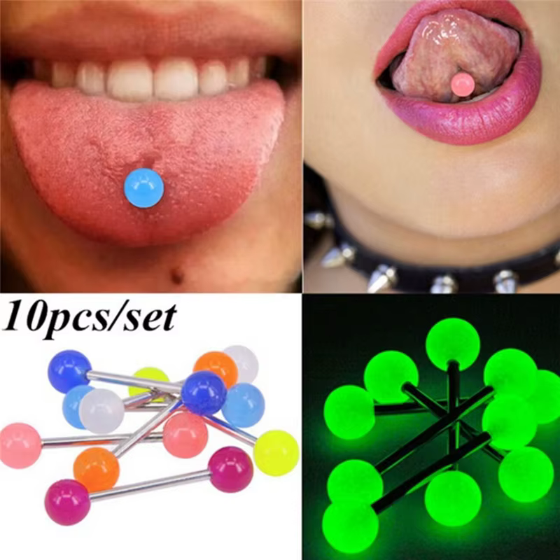 10 pièces/ensemble boule lumineuse haltère goujon langue anneaux barres corps Piercing bijoux