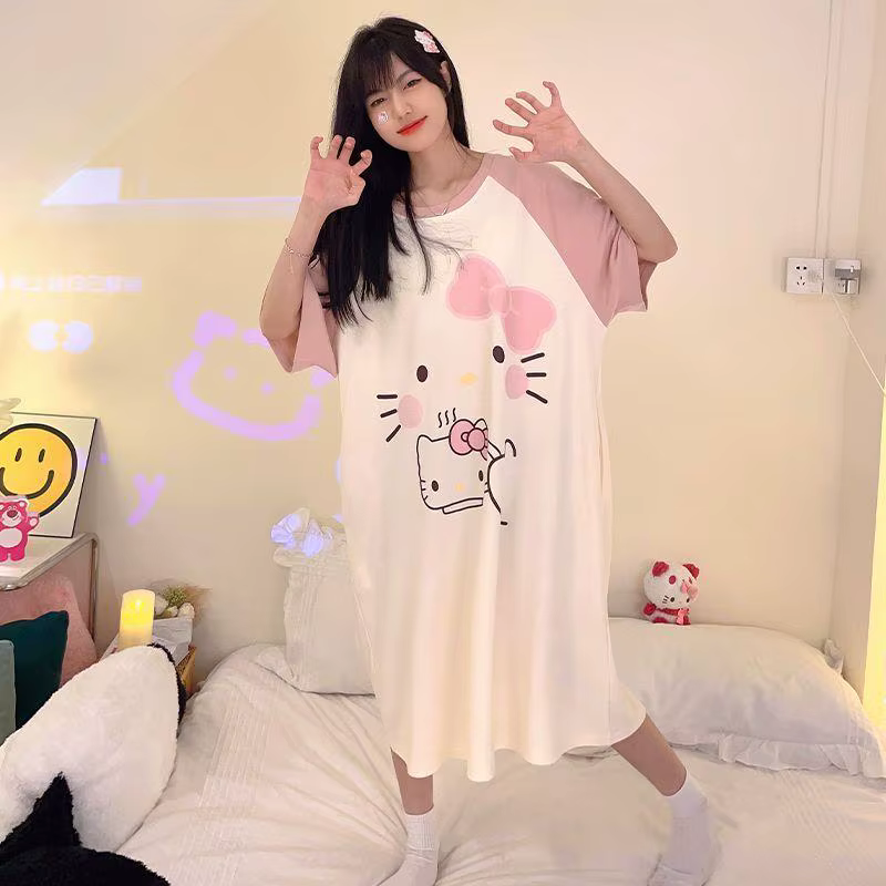 Nouvelle Robe de Nuit Hello Kitty Douce et Mignonne pour Femme, Version Coréenne, Col Rond, Coupe Am