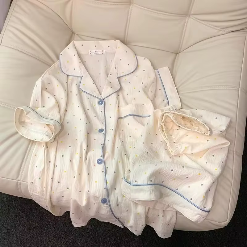 Ensemble pyjama en coton imprimé à pois pour femmes, haut à manches courtes et short, ensemble 2 piè