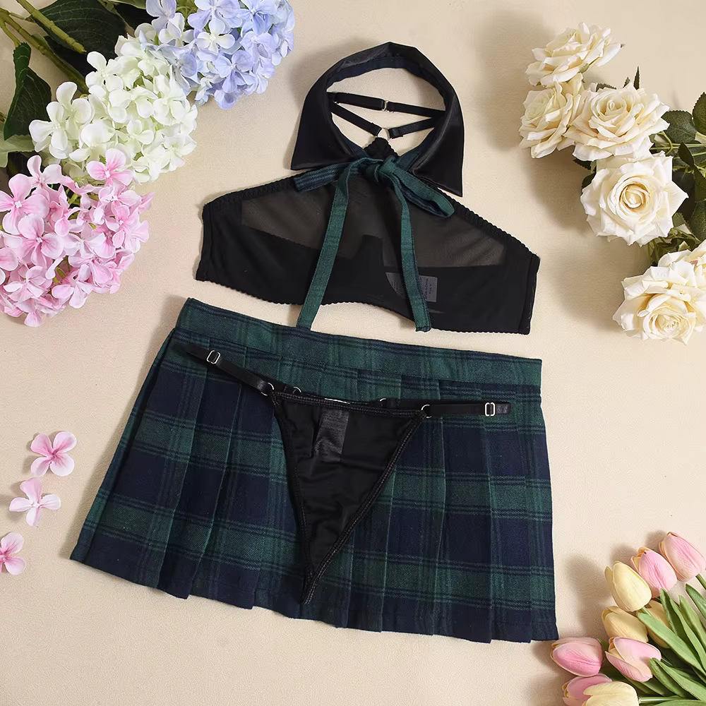 Tenues d'écolière Ensemble de lingerie sexy jupe à carreaux et soutien-gorge licou 3 pièces maille t