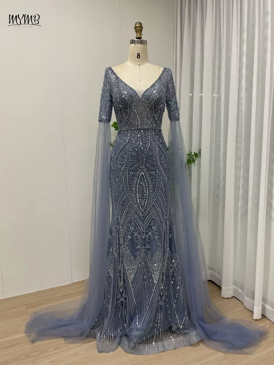 MYMB – robe de soirée sirène bleue pour femmes, tenue de soirée élégante, arabe, magnifique, manches