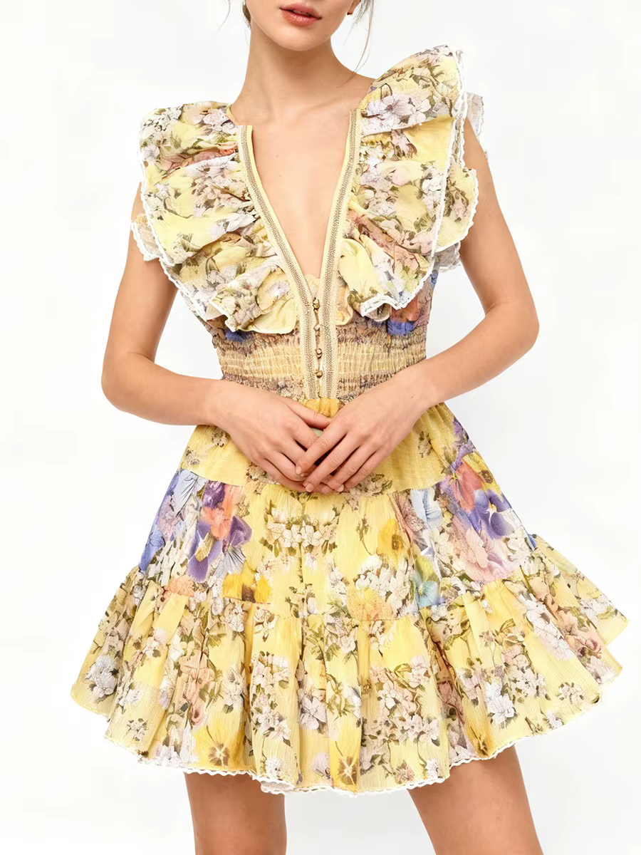 TWOTWINSTYLE minceur impression épissé volants plis robes élégantes pour les femmes col en V sans ma