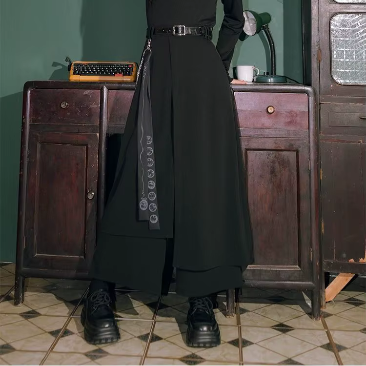 Jupe-culotte noire irrégulière multicouche de Style chinois rétro foncé pour femmes, pantalon ample