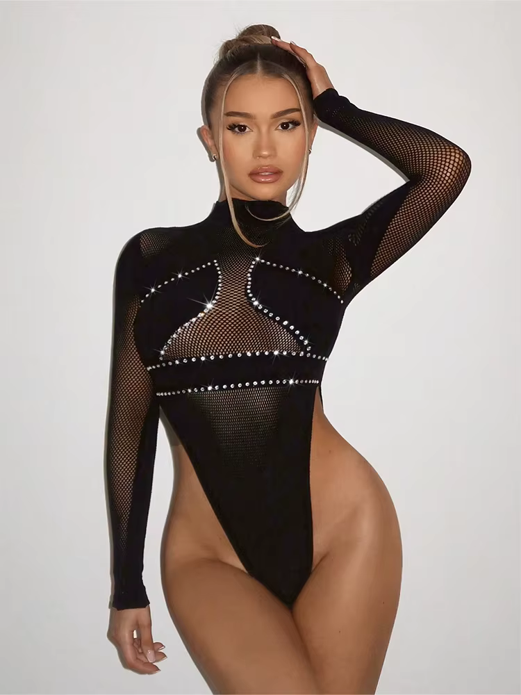FHSEER 1 pièce Body sexy pour femme, noir, en maille transparente, moulant, col montant, manches lon