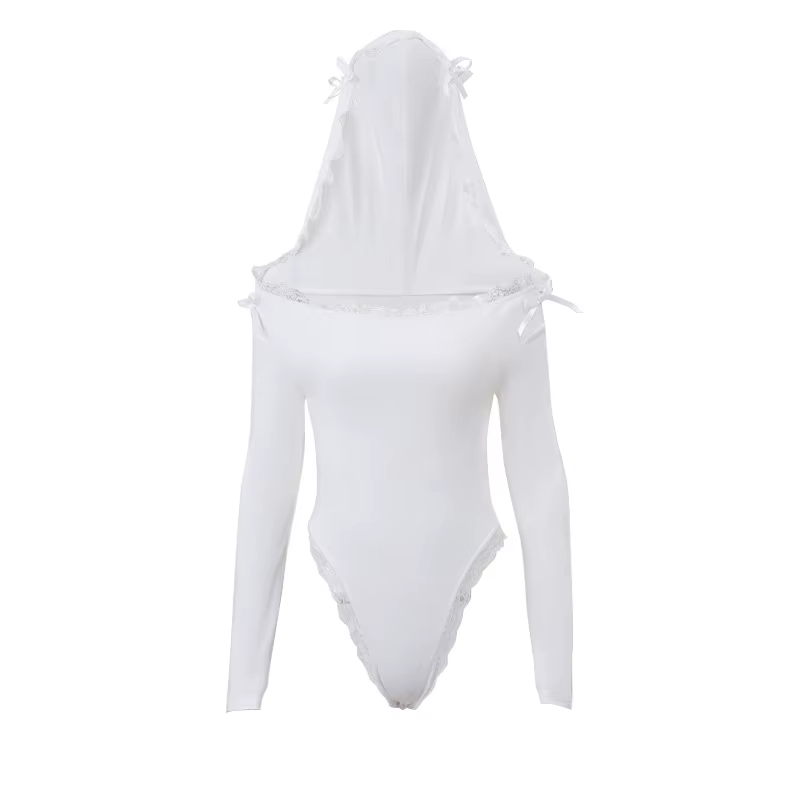 Nouveau Body Sexy Y2K pour Femme 2026 – Combinaison à Capuche à Manches Longues avec Dentelle et Pat