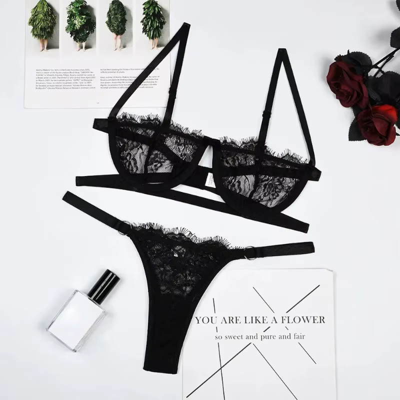 Ensemble de lingerie sexy pour femme, sous-vêtements transparents en dentelle, broderie féerique, en