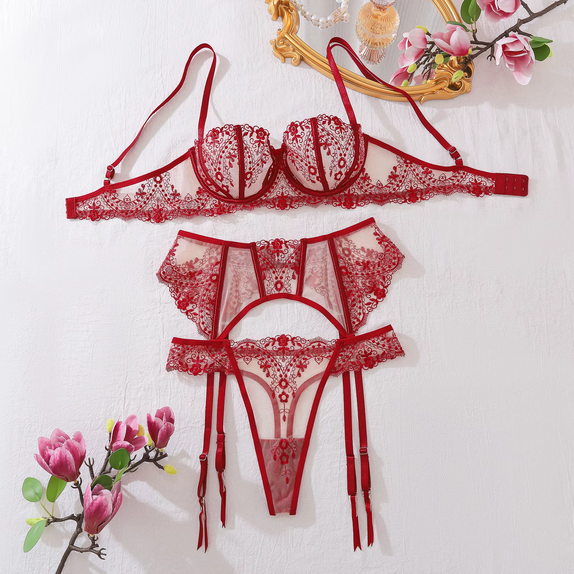 AVELINE-Ensemble de lingerie avec porte-jarretelles pour femme, sous-vêtements en maille, transparen