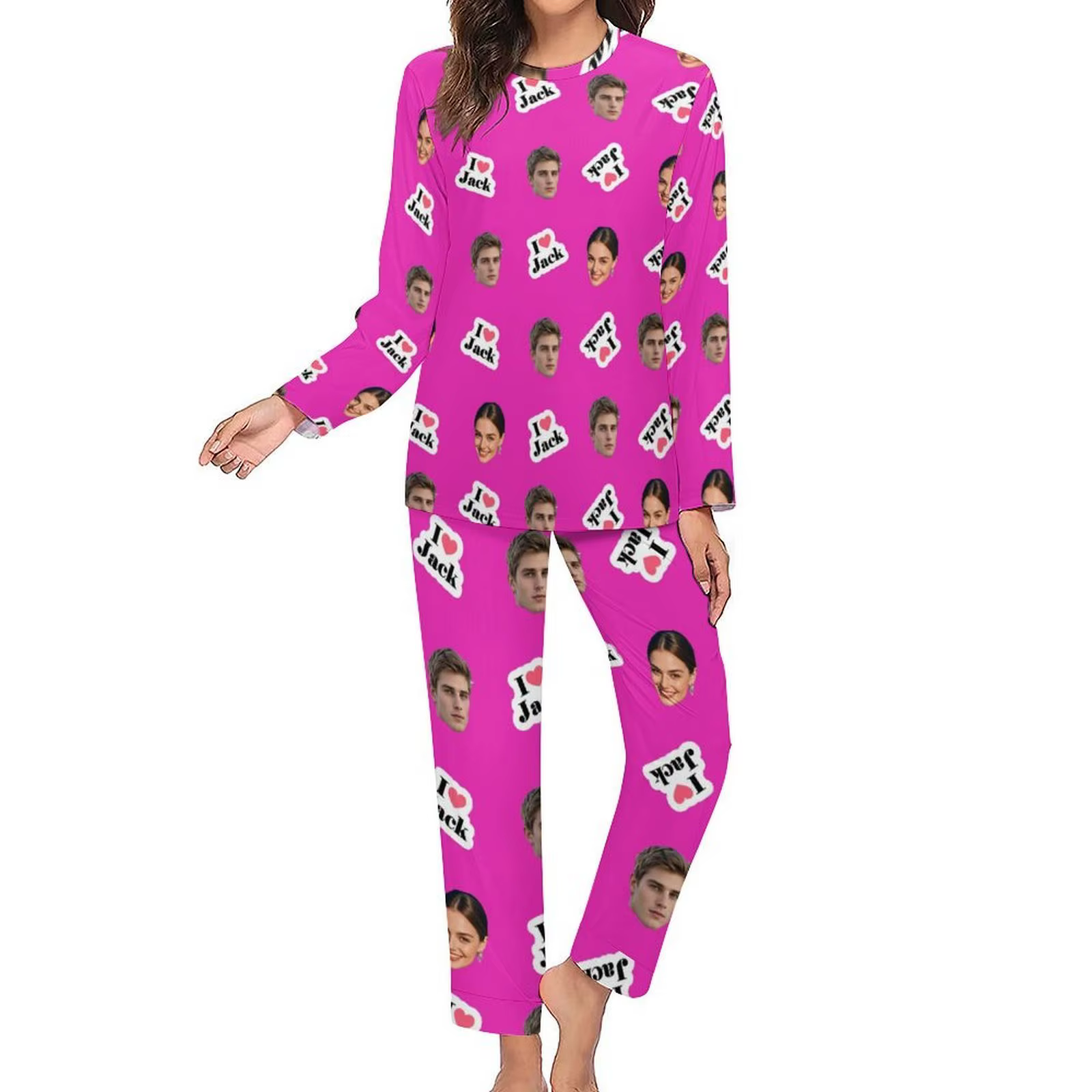 Pyjamas personnalisés pour femmes avec visage, vêtements de maison, ensemble de pyjamas à manches lo