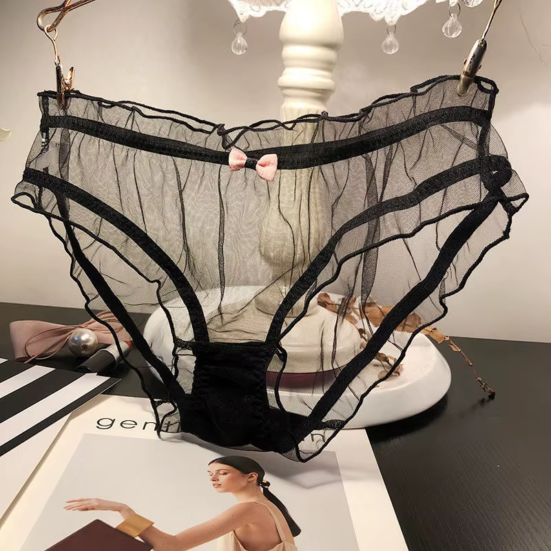 Femmes Sexy culotte transparente rose noeud coton entrejambe slips femme maille sous-vêtements respi