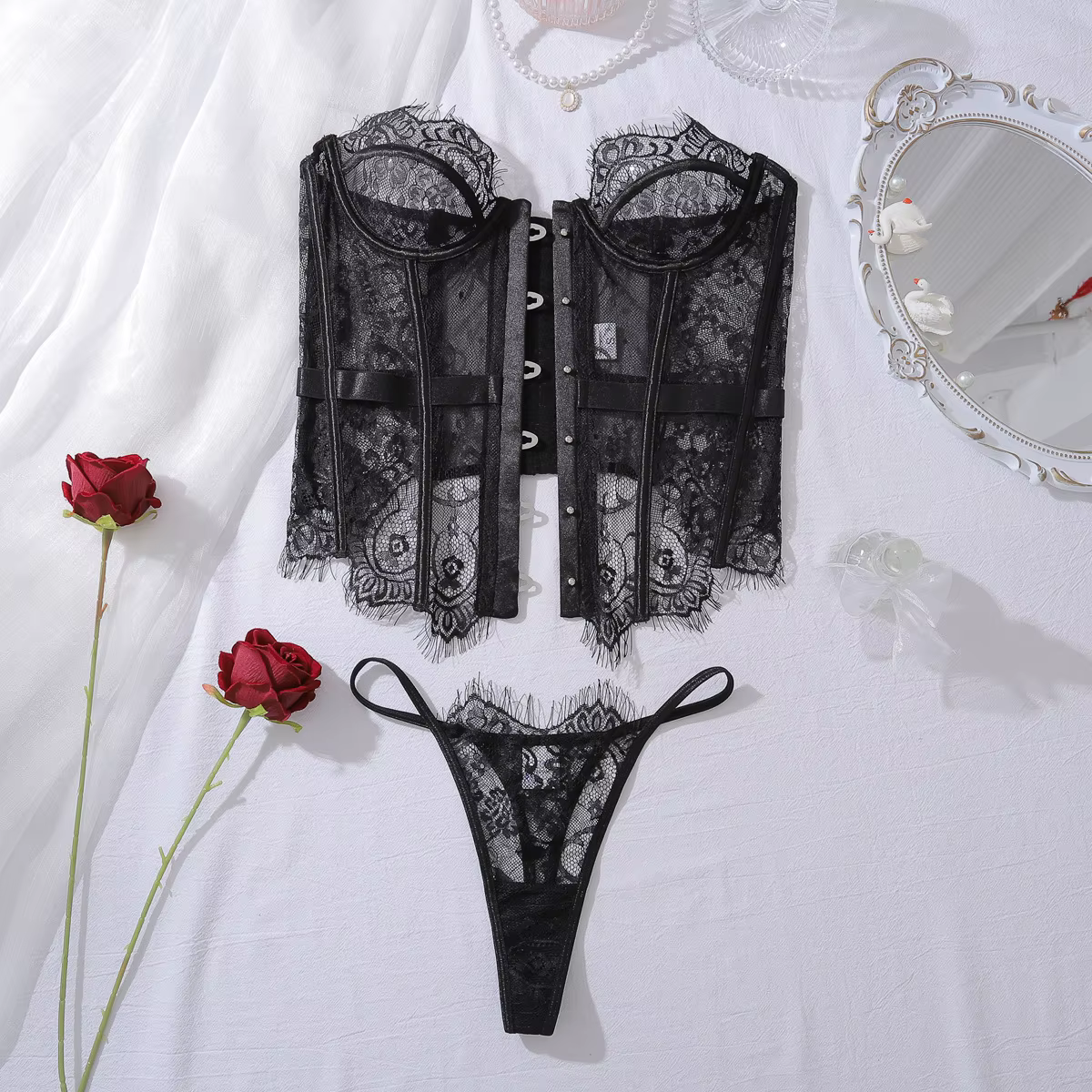 Lingerie Sexy pour femmes, Corset sensuel du palais Hilitos, ensemble de 2 pièces, dentelle transpar