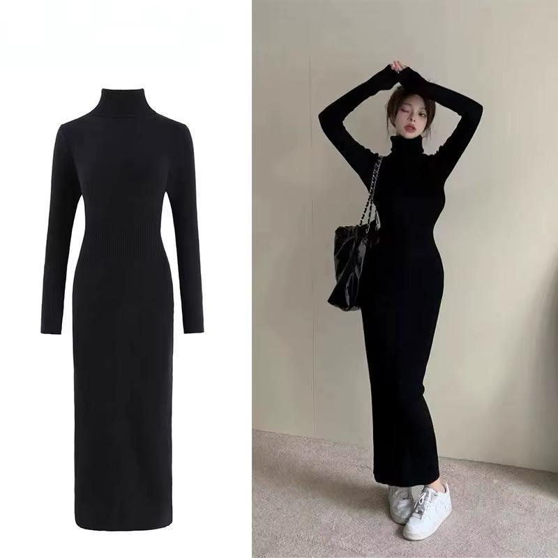 Robes noires à col roulé pour femmes, couleur unie, slim, vêtements d'automne, longueur cheville, mo