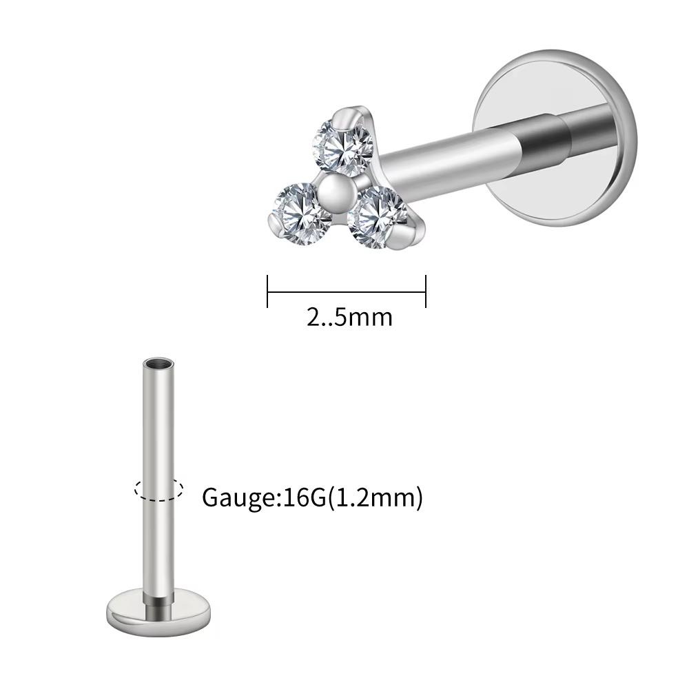 Right Grand Piercing labret en titane ASTM F136, minuscule trinité en zircone cubique, 16 g, 2,5/3,5