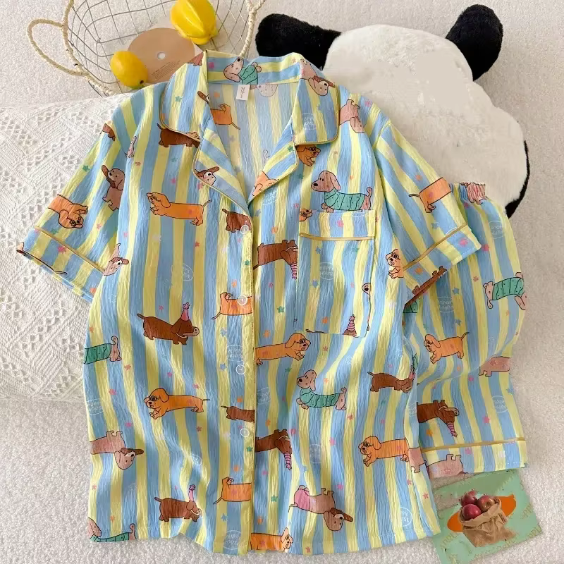Pyjama Kawaii à imprimé étoiles et rayures pour femme, col à revers, nouvelle collection été, tenue 