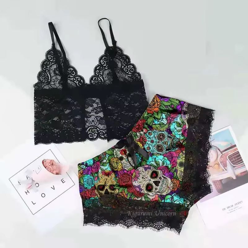 Halloween squelette imprimé pyjamas ensembles femmes dentelle Sexy Satin vêtements de nuit col en V