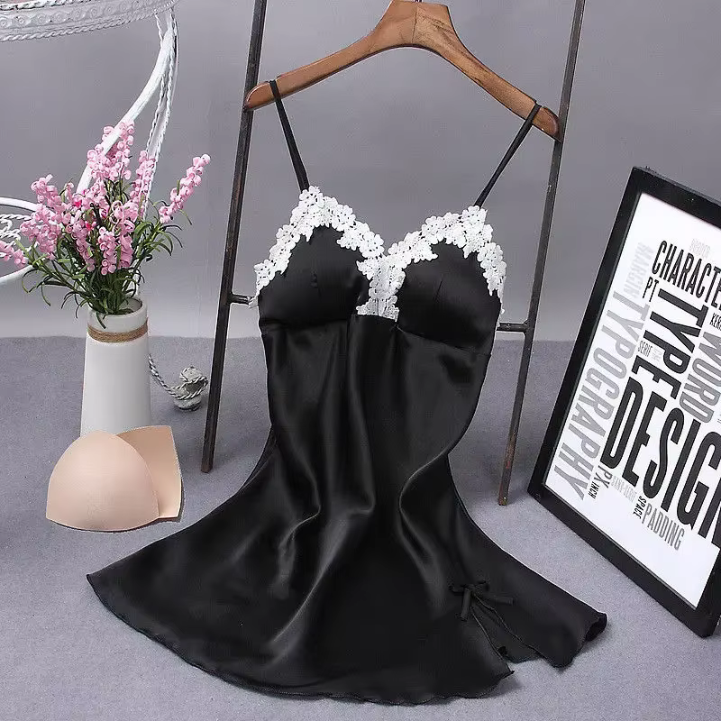Été chaud femmes Robe en soie Robe nuisette chemise de nuit solide col en v Sexy Lingerie chemise de