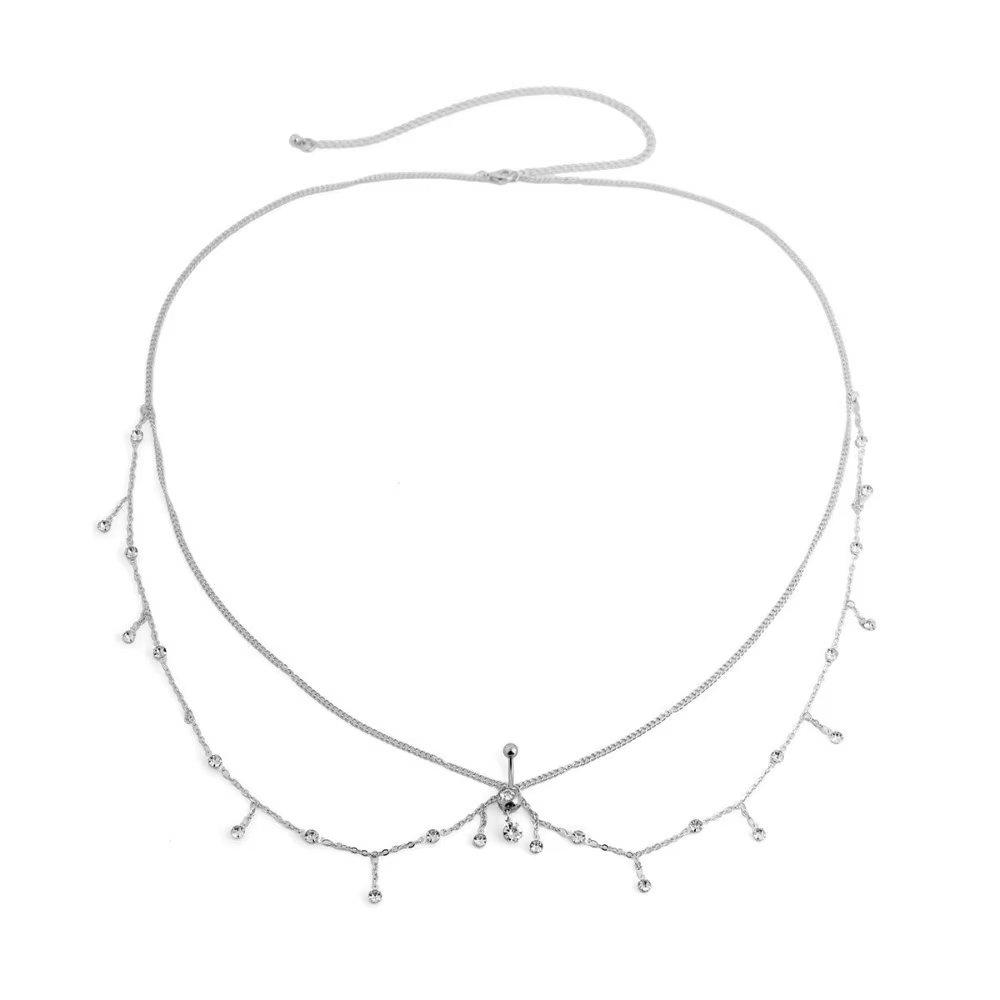 Chaîne de corps et de taille en métal argenté avec pampilles et zircon, motif goutte d'eau, pour nom