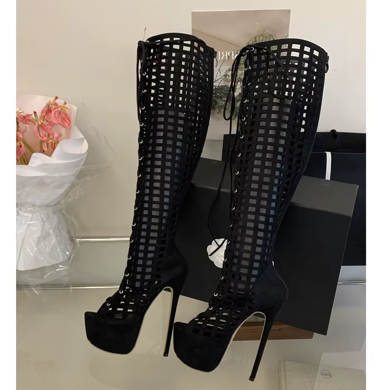 Eilyken Bottes d'été sexy à bout ouvert et ajourées pour femme, en maille, à lacets, à talons aiguil
