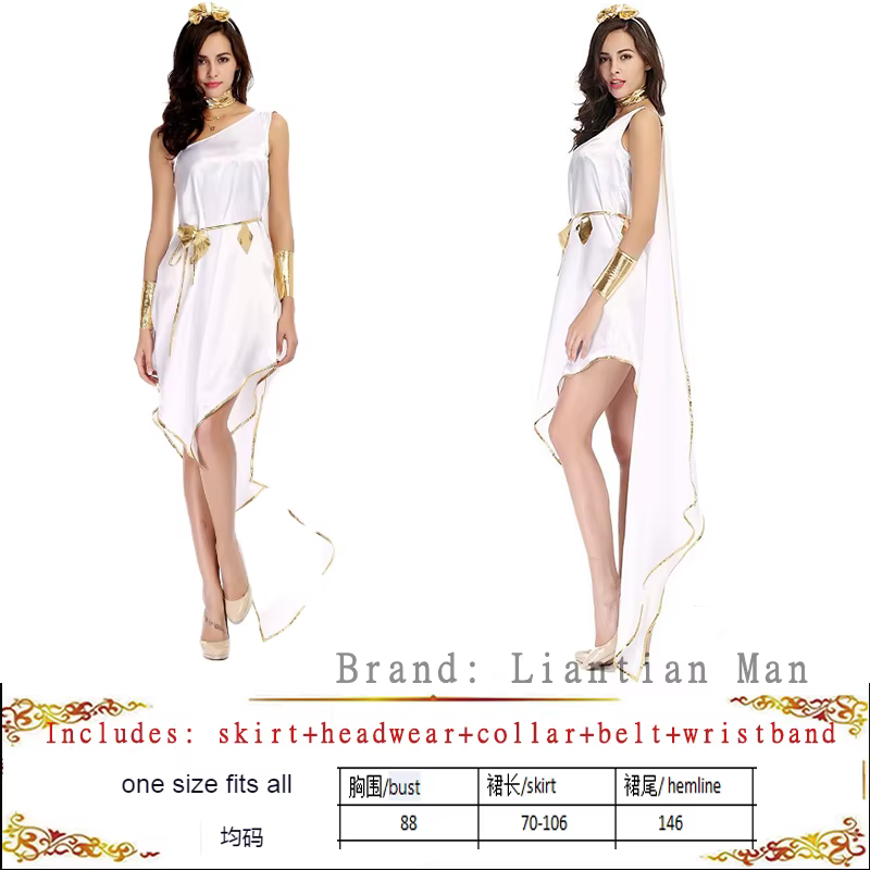 Robe longue de scène style déesse grecque et reine égyptienne blanche, avec découpes, nouveau style