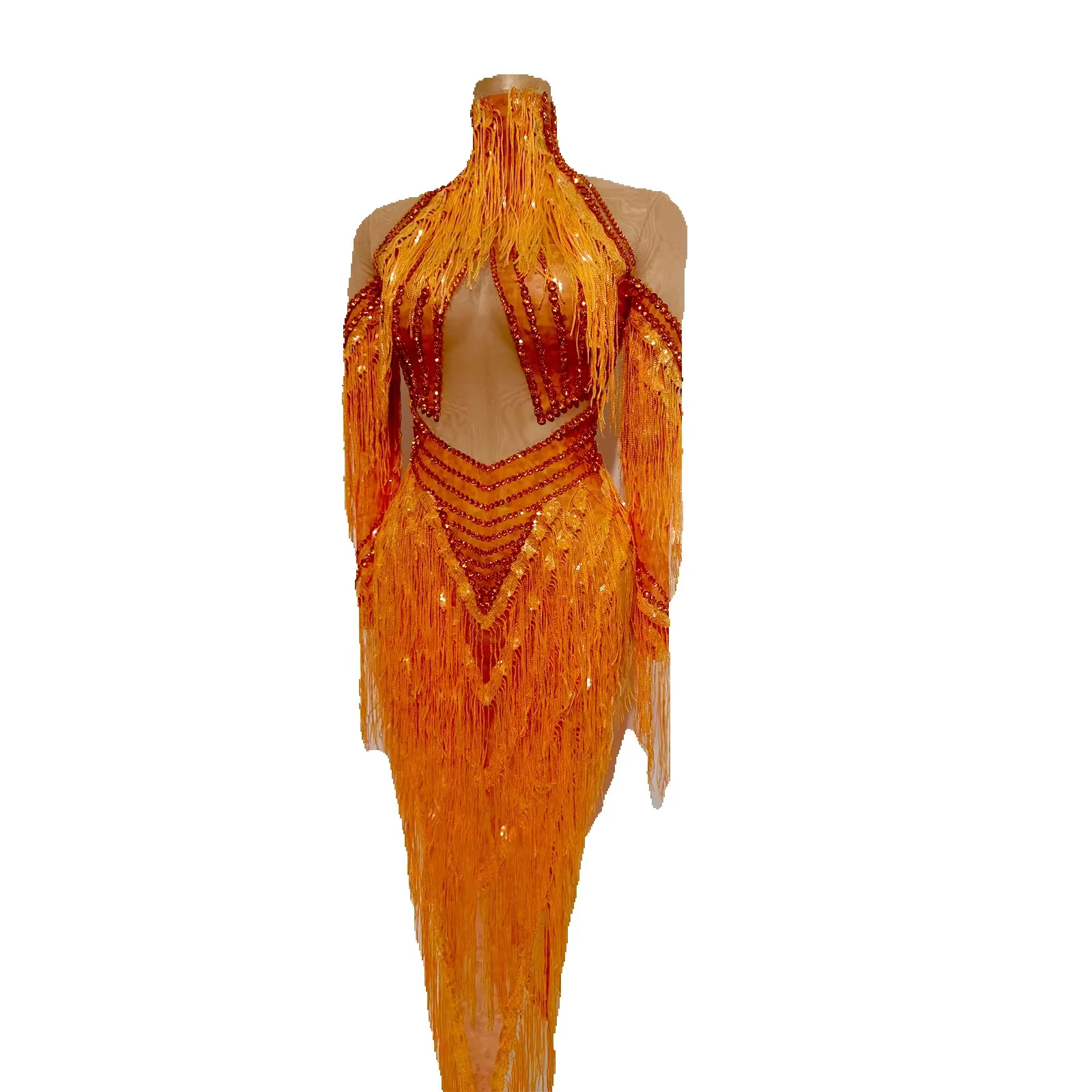 Combinaison moulante sexy pour femme à col montant et manches longues, en maille transparente orange
