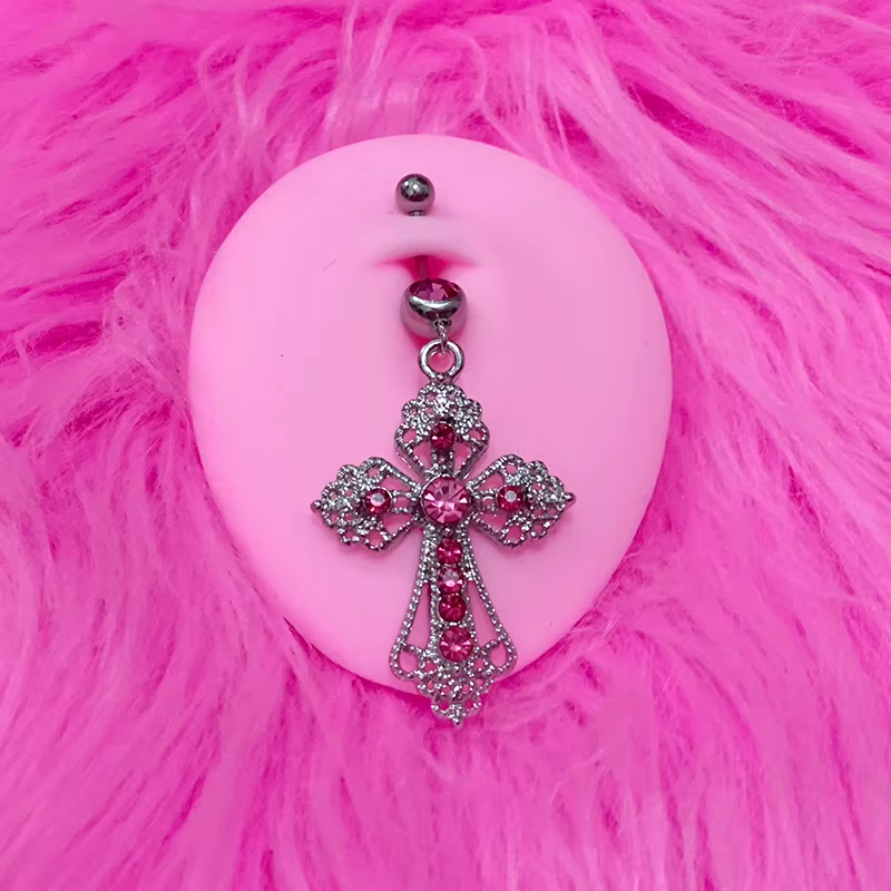 Y2K-Anneaux de ventre croisés en cristal rose Bling, Punk Aesthetic Body Piercing, Bijoux Egirl, Mod