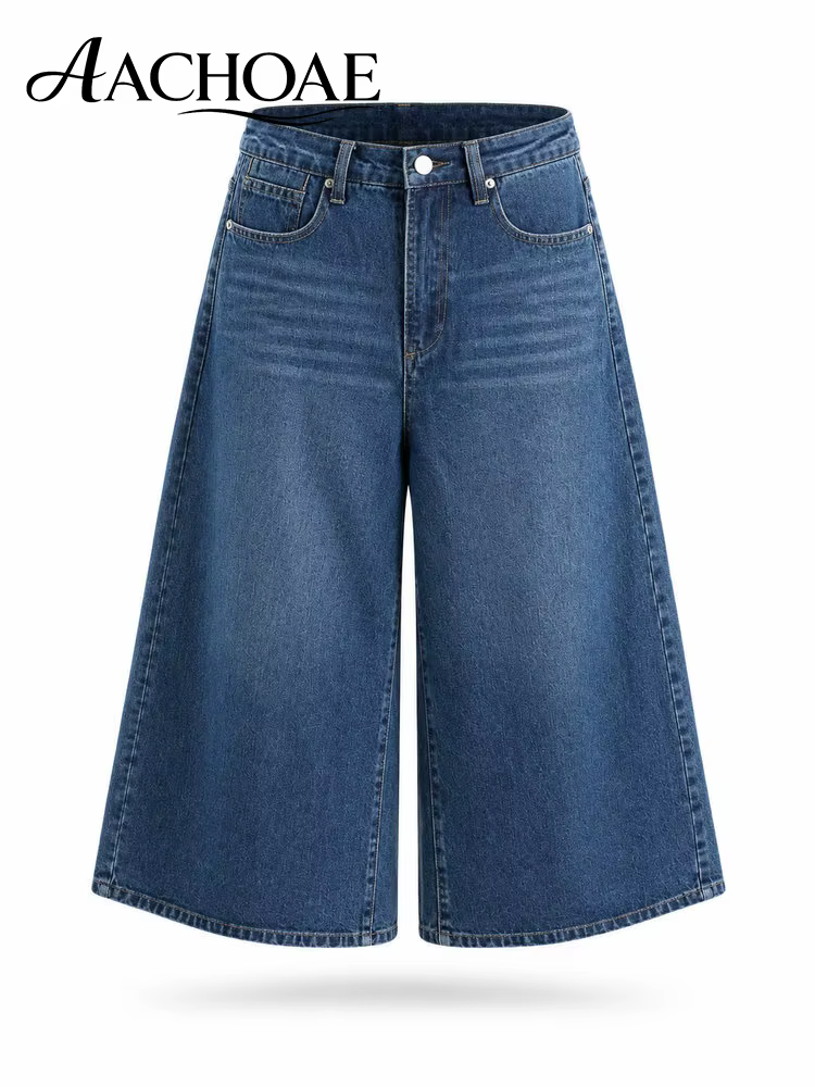 Culottes en jean large pour femme, taille haute, coupe décontractée, en coton, style vintage, pantal