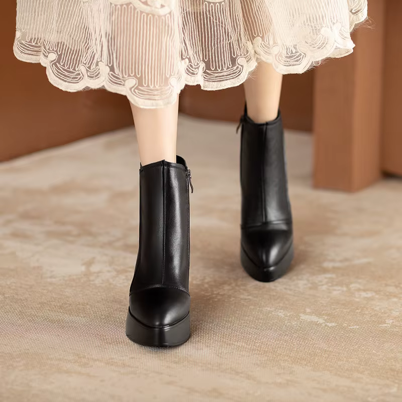 MKKBathroom-Bottes courtes en cuir pour femmes, bottes compensées pointues, bottes de rinçage décont