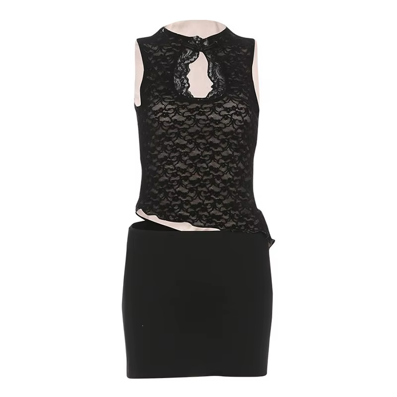 Robe Courte Sexy en Dentelle à Col Semi-Montant pour Femme, Modèle Évidé Sans Manches, Style Streetw