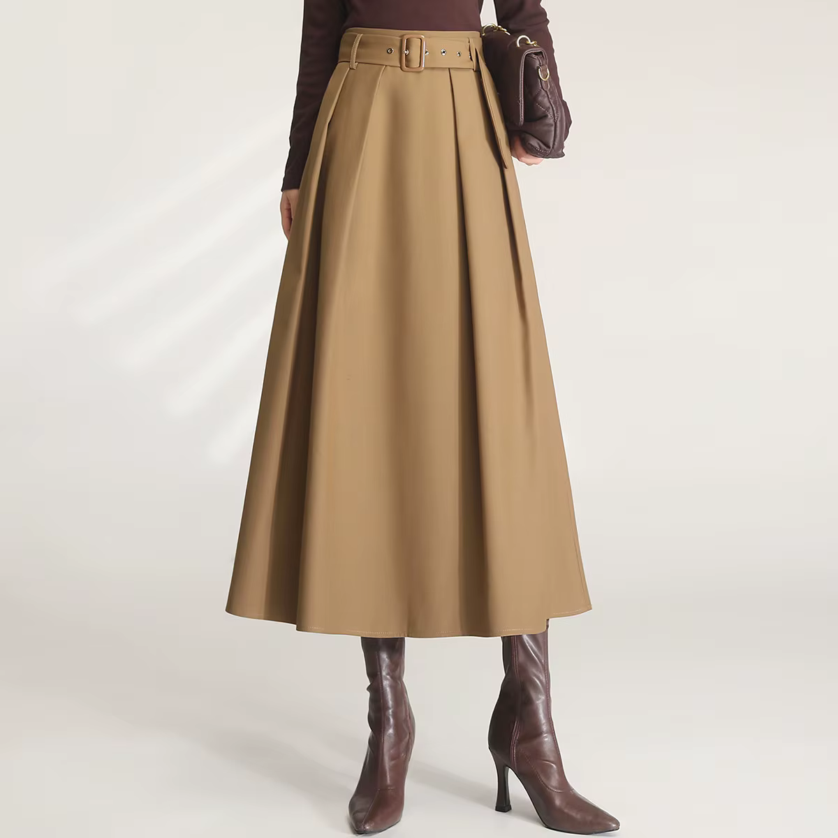 Modiis Yao-Jupe longue plissée taille haute pour femme, ligne A, ceinture parfaite, automne 2023