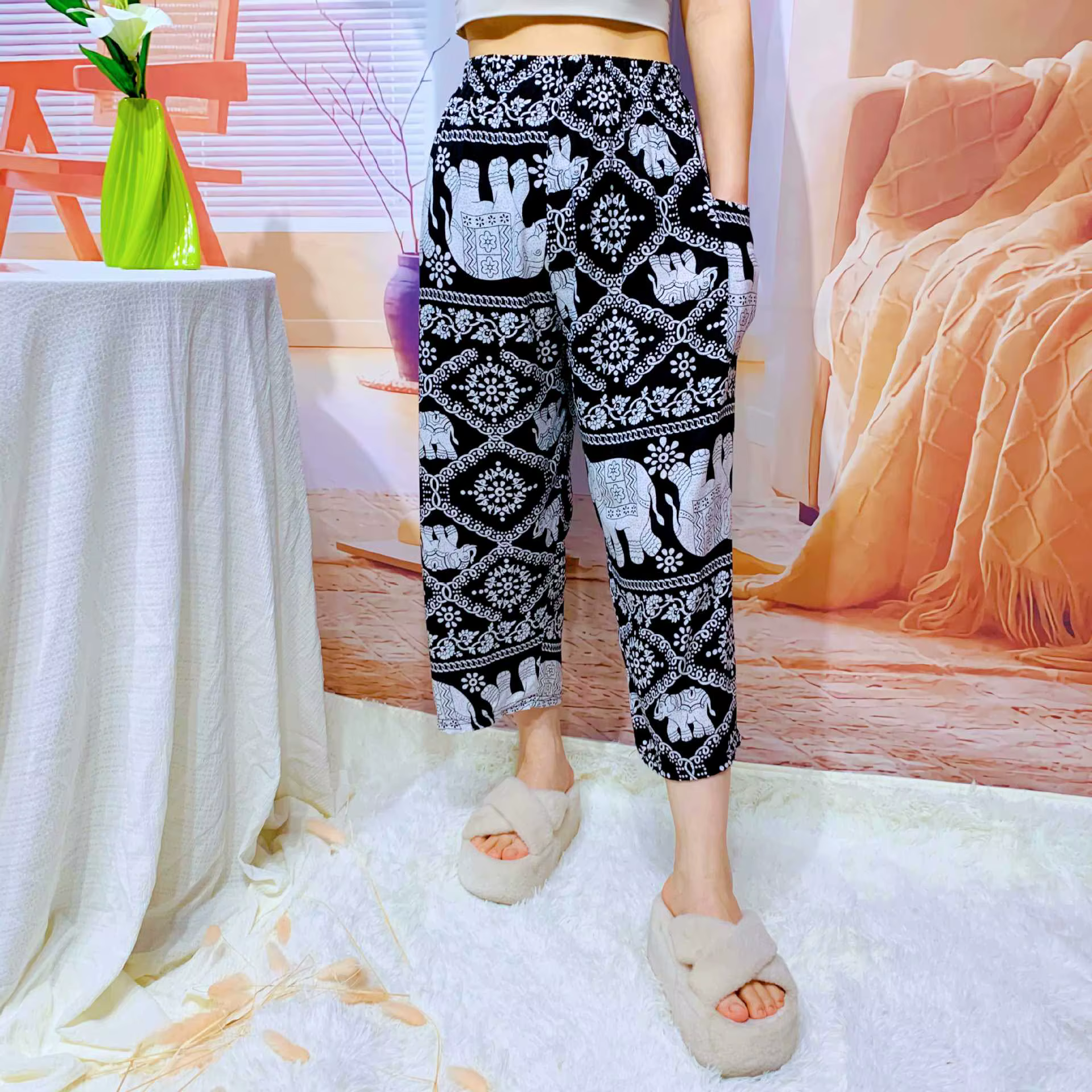 Pantalon Capri pour femme, taille haute, jambe large, coupe courte, décontracté, pantalon de détente